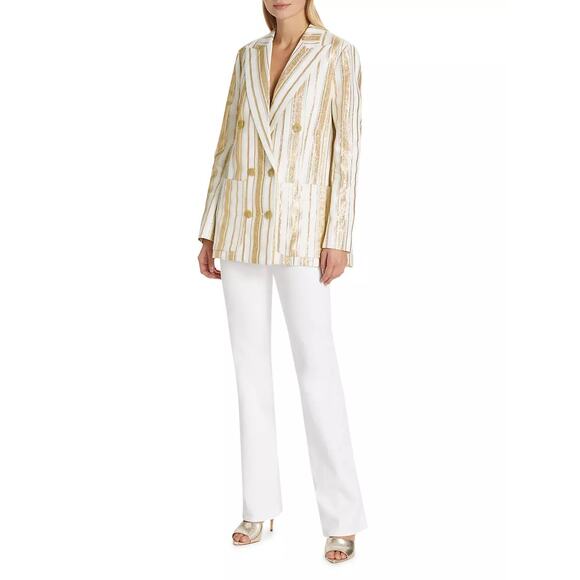 7 For All Mankind Women’s Shine Gold Cream Striped Double Breasted Blazer L - Picture 2 of 16